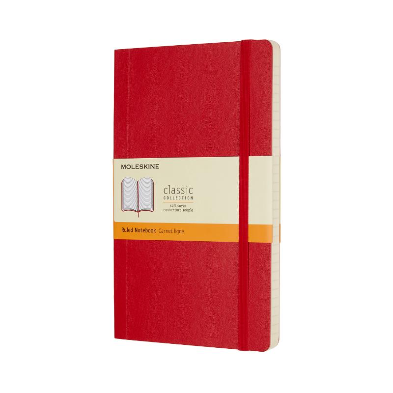 Moleskine Scarlet Red Notebook with soft cover, ruled pages, elastic closure, and expandable pocket for creativity on the go.