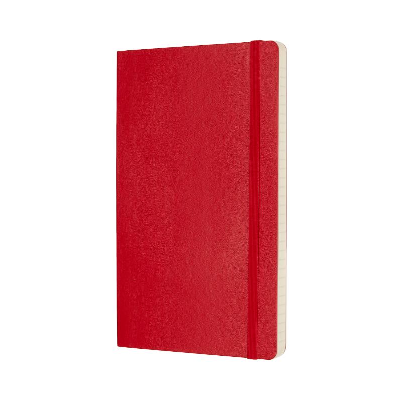 Moleskine Large Scarlet Red Soft Cover Notebook with ruled pages, elastic closure, bookmark, and expandable pocket for notes.