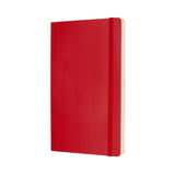 Moleskine Large Scarlet Red Soft Cover Notebook with ruled pages, elastic closure, bookmark, and expandable pocket for notes.