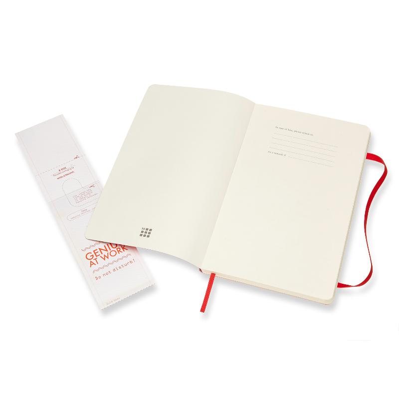 Moleskine Large Scarlet Red Soft Cover Notebook with ruled pages, elastic closure, and expandable back pocket for creatives.