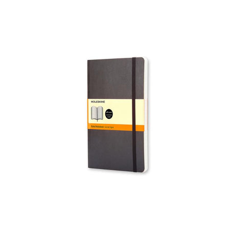 Moleskine Large Ruled Notebook with soft black cover, ivory pages, elastic closure, and expandable inner pocket for creatives.