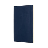 Sapphire blue Moleskine notebook with soft cover, ivory pages, elastic closure, and expandable back pocket for notes.