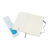 Large sapphire blue Moleskine notebook with soft cover, ivory acid-free pages, elastic closure, and expandable back pocket.