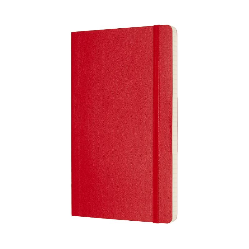 Scarlet Red Moleskine Large Square Notebook with soft cover, elastic closure, ivory pages, and expandable inner pocket.