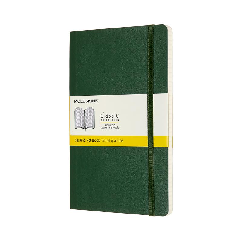 Moleskine Large Myrtle Green Notebook with soft cover, elastic closure, expandable pocket, and ivory acid-free pages.