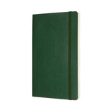 Moleskine large myrtle green soft cover notebook featuring elastic closure, ribbon bookmark, and ivory acid-free pages.