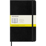 Large black Moleskine notebook with soft cover, ivory acid-free pages, elastic closure, and expandable inner pocket.