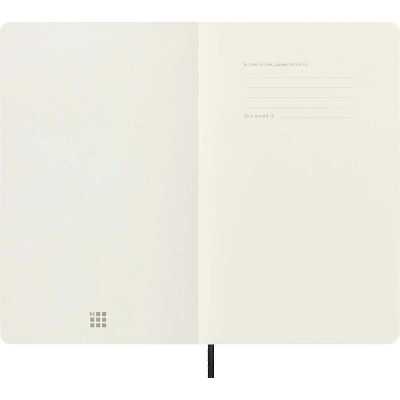 Moleskine Large Black Soft Cover Notebook with elastic closure, ivory paper, and expandable pocket for notes and creativity.