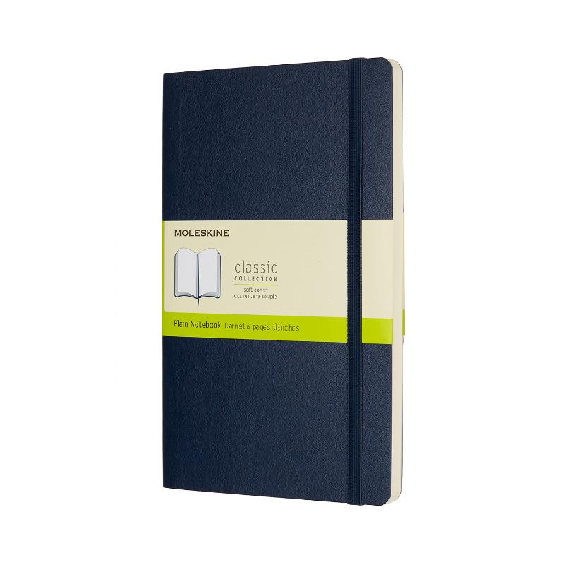 Large Sapphire Blue Moleskine Notebook with plain ivory pages, elastic closure, and expandable pocket for creatives.