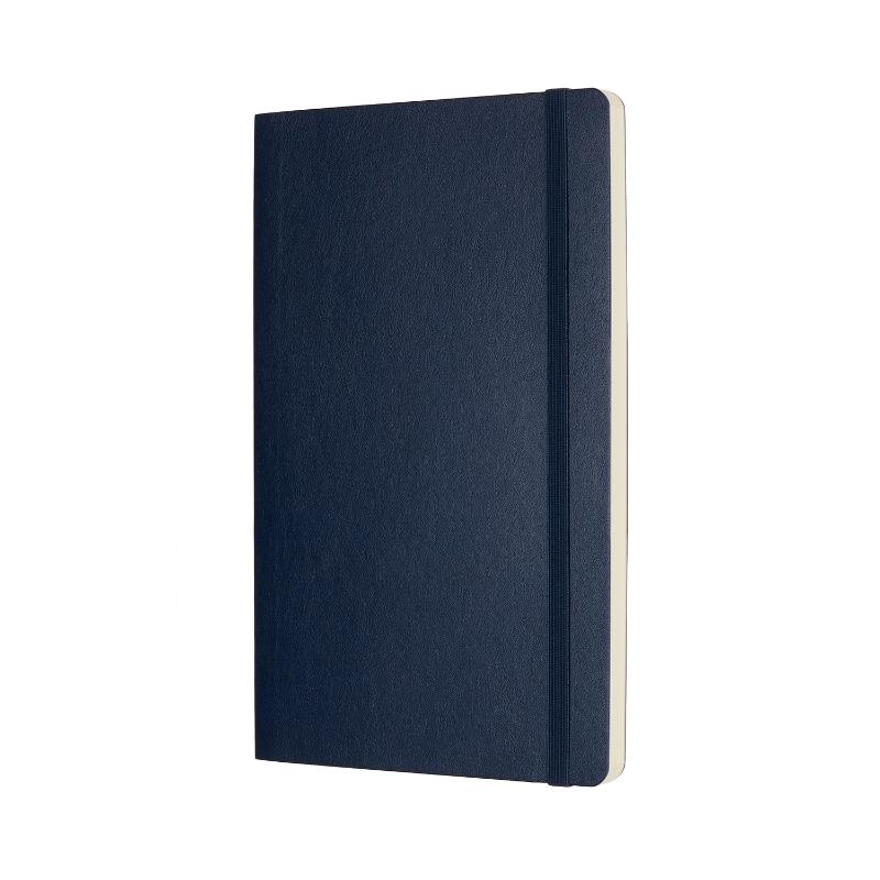 Moleskine Large Plain Notebook in Sapphire Blue, featuring acid-free paper, elastic closure, and expandable pocket for notes.