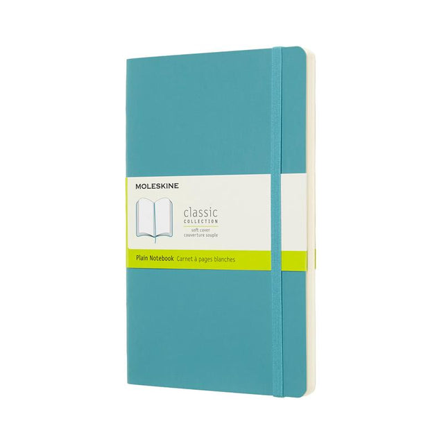 Moleskine Large Plain Notebook in Reef Blue, featuring soft cover, 240 ivory pages, elastic closure, and expandable pocket.