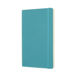 Moleskine notebook in Reef Blue with soft cover, 240 ivory pages, elastic closure, and expandable pocket for creativity on the go.