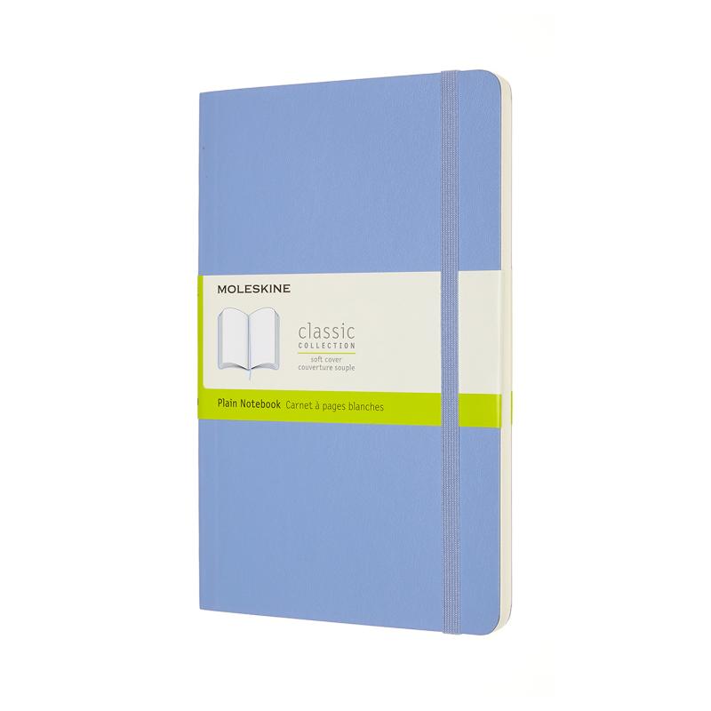 Moleskine Large Plain Notebook in Hydrangea Blue featuring a soft cover, acid-free pages, elastic closure, and ribbon bookmark.