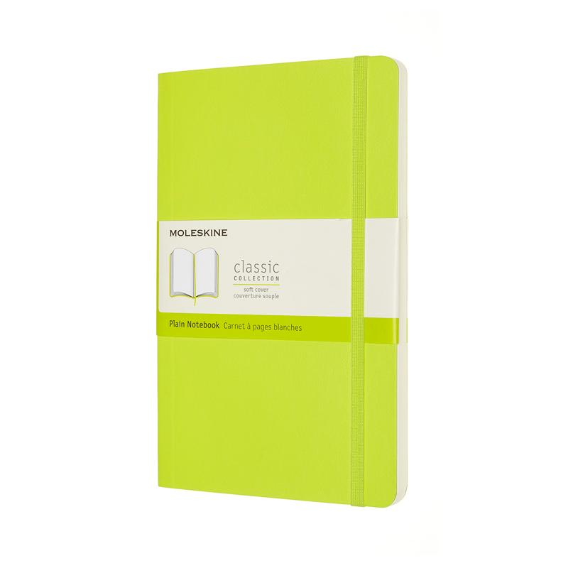 Large lemon green Moleskine notebook with elastic closure, bookmark, and expandable pocket for creatives and thinkers.