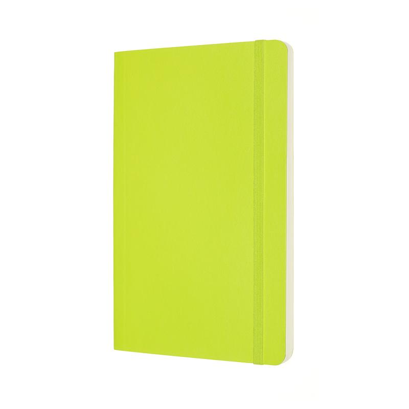 Large lemon green Moleskine notebook with soft cover, elastic closure, and expandable pocket for notes and sketches.