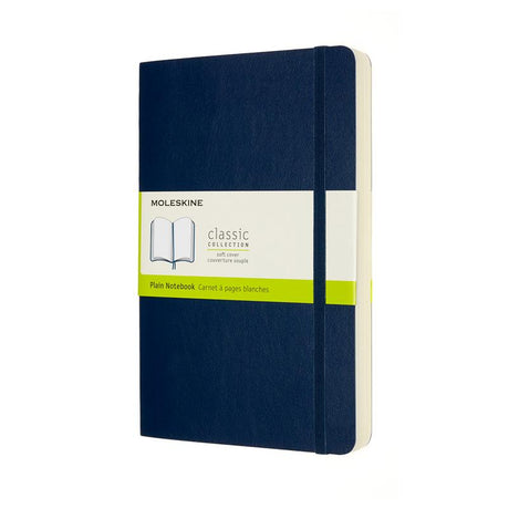 Sapphire blue Moleskine notebook with 400 acid-free pages, elastic closure, and two ribbon bookmarks for creative note-taking.