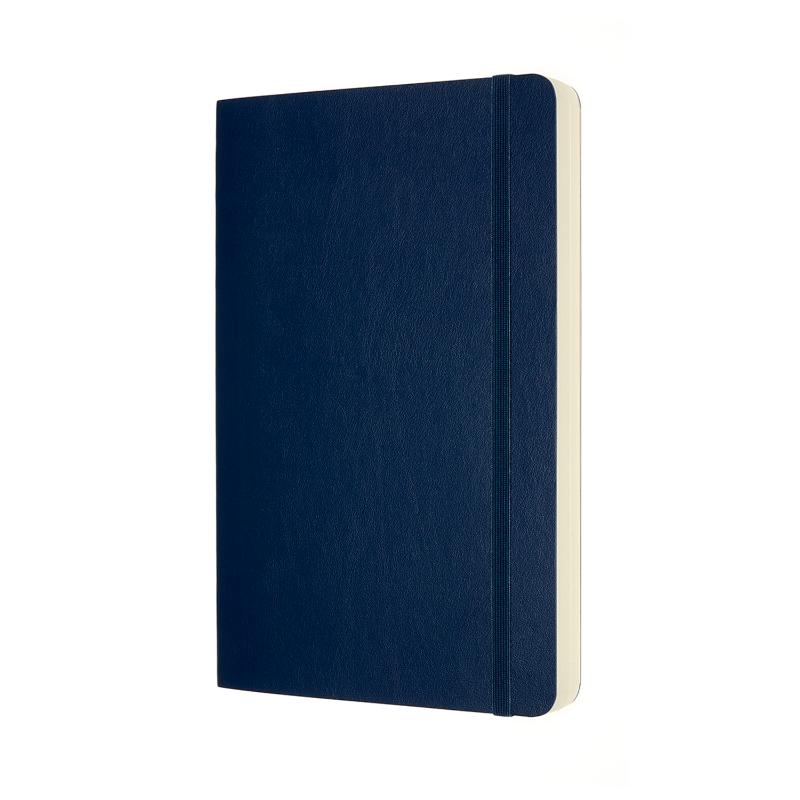 Sapphire blue Moleskine Notebook with 400 ivory pages, elastic closure, and two bookmarks for creative note-taking.