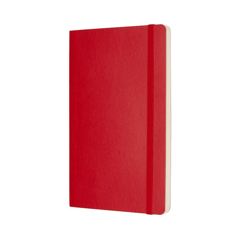 Scarlet red Moleskine notebook with soft cover, elastic closure, ivory pages, and expandable pocket for notes.