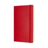 Scarlet red Moleskine notebook with soft cover, elastic closure, ivory pages, and expandable pocket for notes.