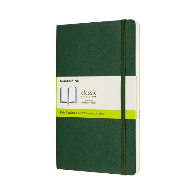 Moleskine Large Myrtle Green Soft Cover Notebook with plain ivory pages, elastic closure, and expandable back pocket.