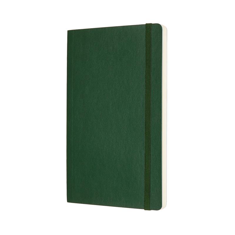 Moleskine Large Myrtle Green Soft Cover Notebook with plain pages, elastic closure, bookmark ribbon, and expandable back pocket.