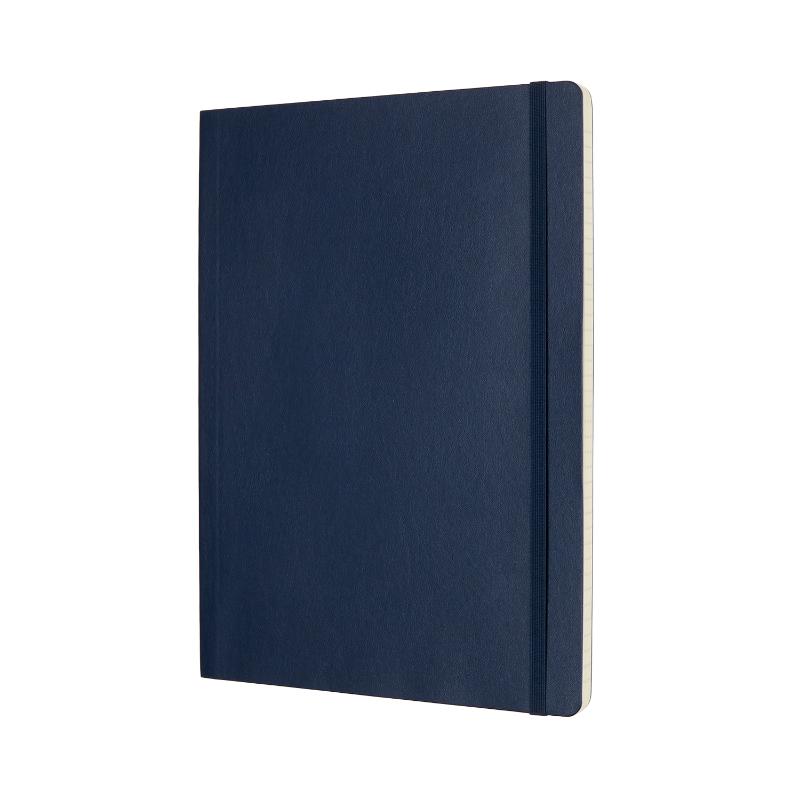 Sapphire blue Moleskine XL notebook with ruled pages, elastic closure, ribbon bookmark, and expandable pocket for notes.