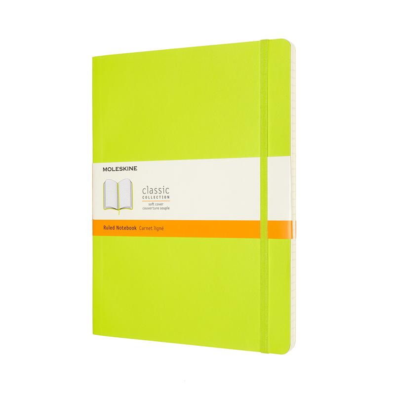 Vibrant lemon green Moleskine XL ruled notebook featuring soft cover, elastic closure, bookmark, and expandable pocket.