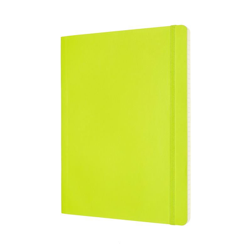 Moleskine XL ruled notebook in vibrant lemon green with soft cover, elastic closure, ribbon bookmark, and expandable pocket.