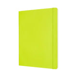 Moleskine XL ruled notebook in vibrant lemon green with soft cover, elastic closure, ribbon bookmark, and expandable pocket.