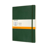 Moleskine XL Ruled Notebook in Myrtle Green, featuring softcover, elastic closure, expandable pocket, and smooth ivory pages.