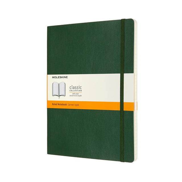 Moleskine XL Ruled Notebook in Myrtle Green, featuring softcover, elastic closure, expandable pocket, and smooth ivory pages.