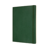 Moleskine XL ruled notebook in Myrtle Green, featuring soft cover, elastic closure, bookmark, and expandable inner pocket.