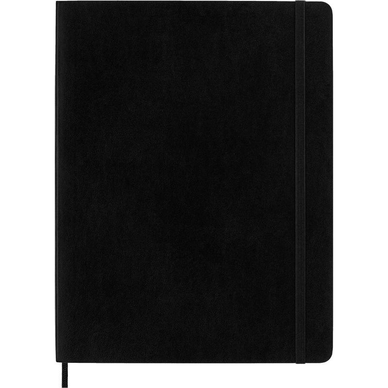 Moleskine XL Black Soft Cover Notebook with ruled ivory pages, elastic closure, ribbon bookmark, and expandable pocket.