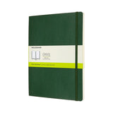 Moleskine XL Myrtle Green soft cover notebook with plain ivory pages, elastic closure, and ribbon bookmark for creative inspiration.