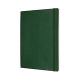 Moleskine XL Myrtle Green notebook with soft cover, plain ivory pages, elastic closure, and ribbon bookmark for creative expression.