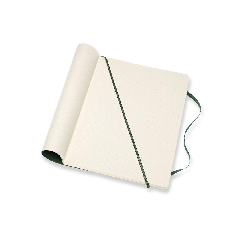 Moleskine XL Myrtle Green notebook with soft cover, plain ivory pages, elastic closure, ribbon bookmark, and expandable pocket.