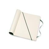 Moleskine XL Myrtle Green notebook with soft cover, plain ivory pages, elastic closure, ribbon bookmark, and expandable pocket.