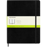 Moleskine XL black notebook with soft cover, 240 plain ivory pages, elastic closure, bookmark, and expandable pocket.