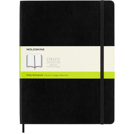 Moleskine XL black notebook with soft cover, 240 plain ivory pages, elastic closure, bookmark, and expandable pocket.