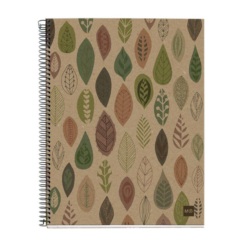 Eco-friendly Miquelrius A4 notebook with 120 ruled sheets, spiral binding, and four color bands for subject organization.