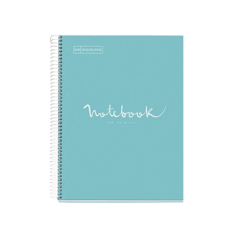 Miquelrius sky blue A4 notebook with 5 subjects, 120 ruled pages for organized note-taking and creative ideas.