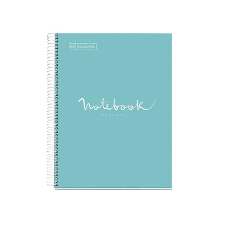 Miquelrius sky blue A4 notebook with 5 subjects, 120 ruled pages for organized note-taking and creative ideas.