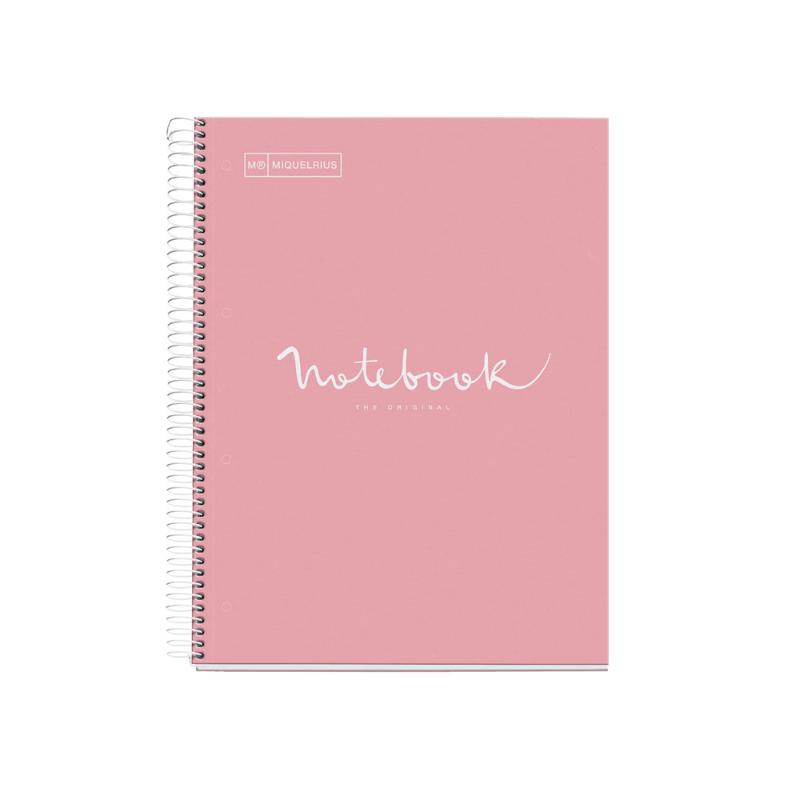 Miquelrius pink notebook with 5 subjects, 120 extra opaque ruled sheets, and spiral binding for easy organization and creativity.