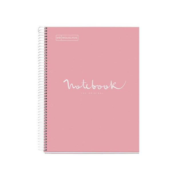 Miquelrius pink notebook with 5 subjects, 120 extra opaque ruled sheets, and spiral binding for easy organization and creativity.