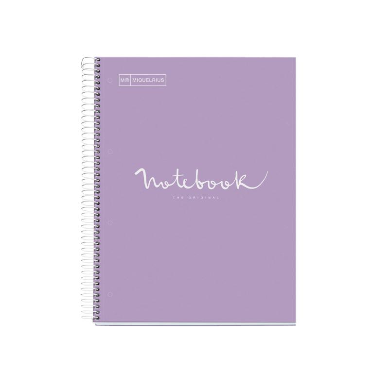 Lavender Miquelrius Notebook with 120 ruled sheets, spiral binding, five color bands, and durable glossy cover for organization.