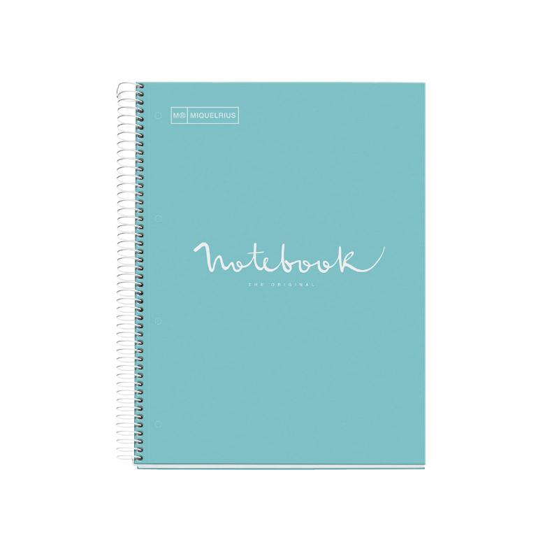 Sky Blue A5 ruled Miquelrius Notebook with 120 micro-perforated leaves and 5 color bands for organizing notes efficiently.