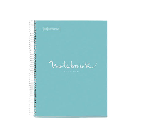 Sky Blue A5 ruled Miquelrius Notebook with 120 micro-perforated leaves and 5 color bands for organizing notes efficiently.