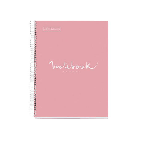 Miquelrius A5 ruled notebook in pink with 120 sheets, spiral binding, and five color bands for organizing subjects.