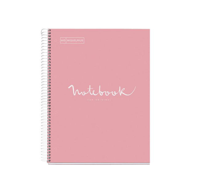 Miquelrius A5 ruled notebook in pink with 120 sheets, spiral binding, and five color bands for organizing subjects.