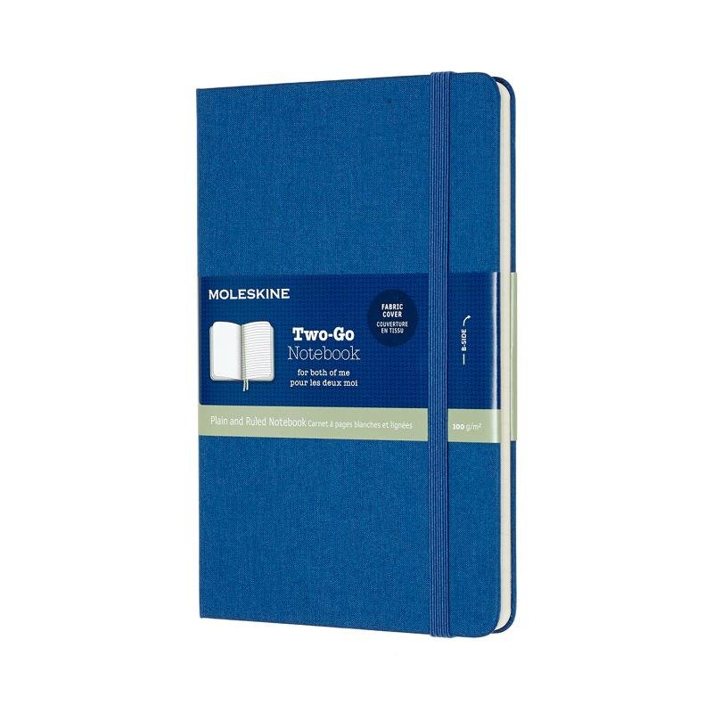 Moleskine Two-Go Notebook in Lapis Blue, featuring ruled and plain pages, durable cover, double bookmarks, and expandable pocket.